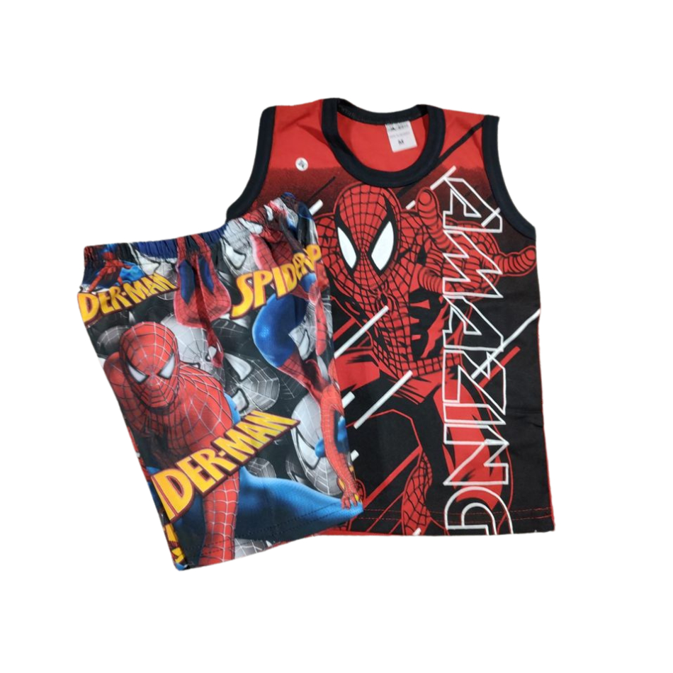 Conjunto Infantil Homem Aranha Camisa Regata Algodão Short Tactel