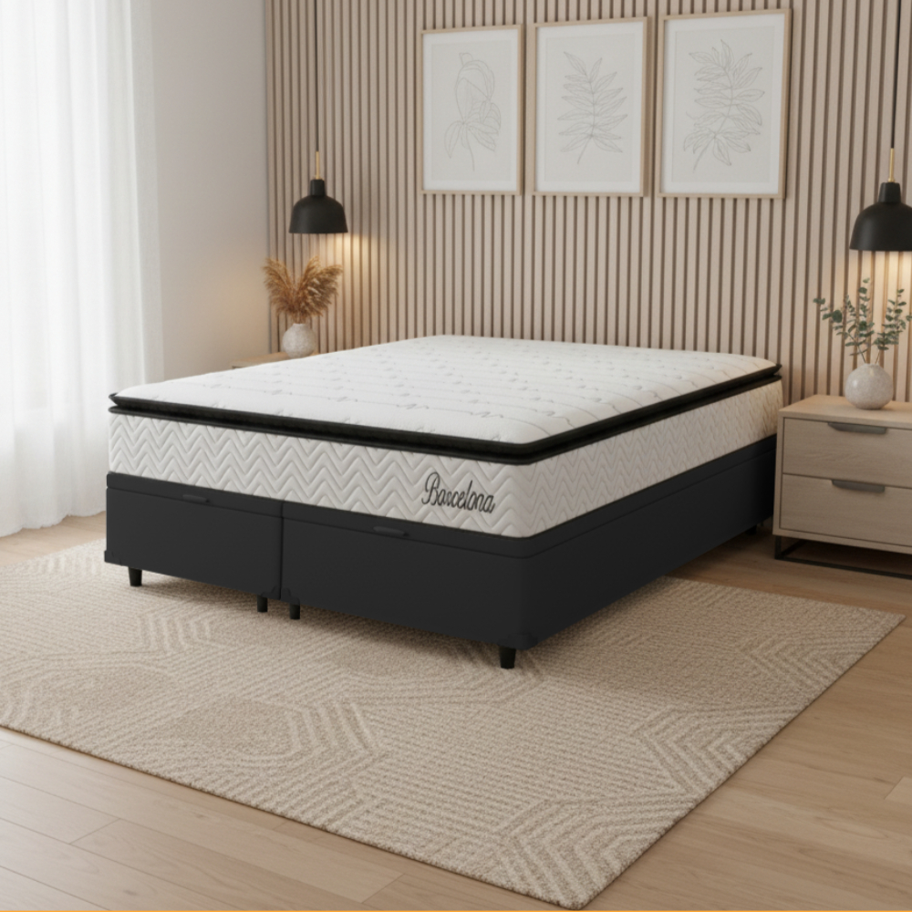 Cama Box Baú Casal Colchão Casal Queen Barcelona Molas Ensacadas 158x198x30cm
