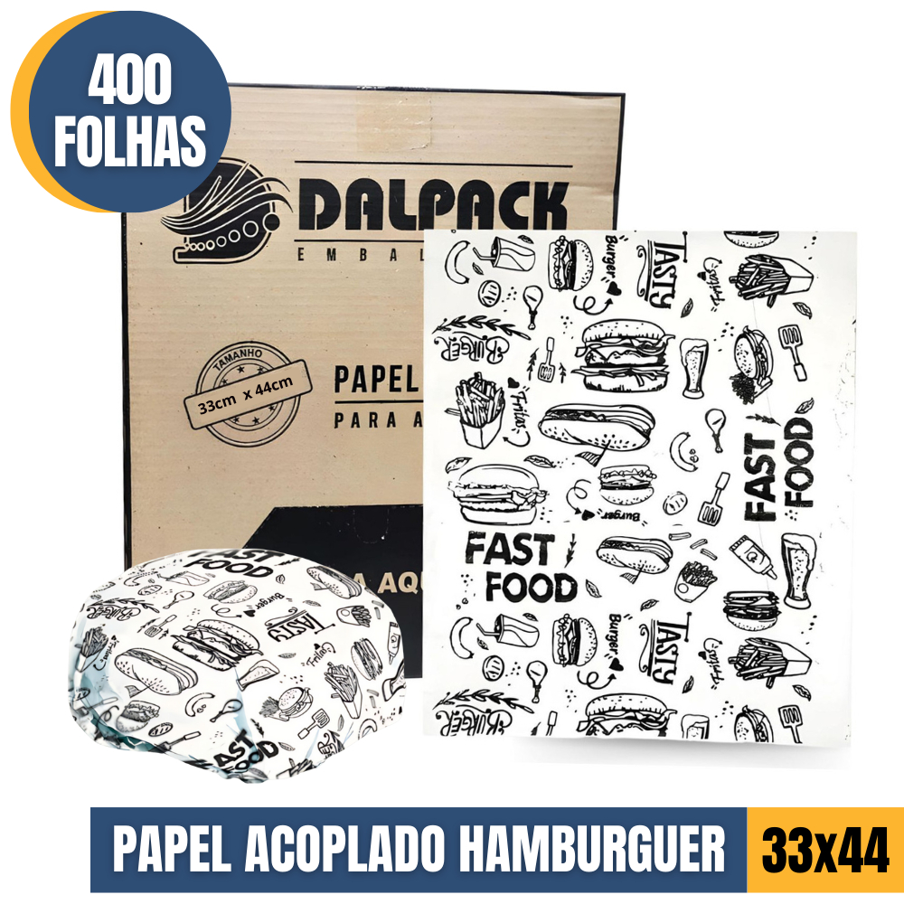 Papel Acoplado Burguer Hamburguer Lanche 33x44 Personalizado Pelicula Plastica cx/400unidades Delivery Ifood Gourmet