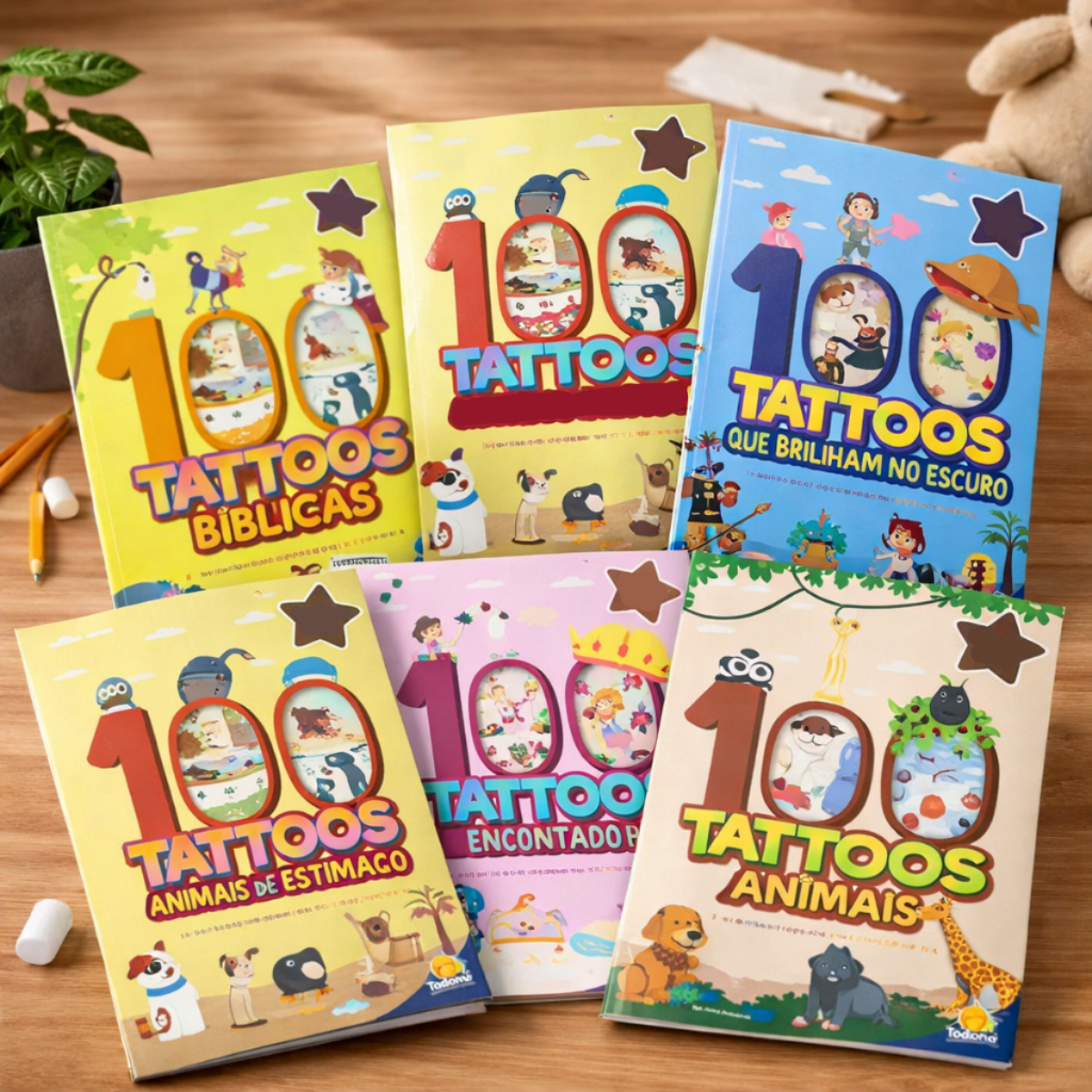 Livro de 100 Tatuagem Brilha no Escuro Infantil Juvenil Com Atividade e Desenho Tattoo Mania
