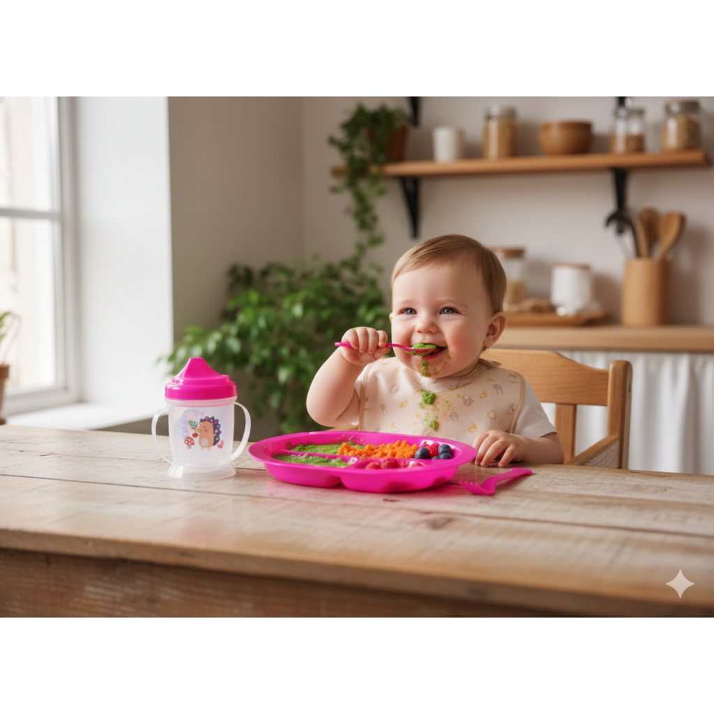 Kit 4 Peças Alimentação Bebê Introdução Alimentar Refeição Garfo Colher Prato Copo Bico Transição