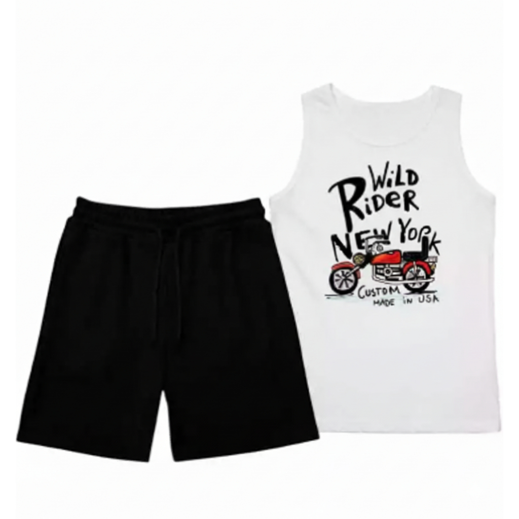 Kit Camiseta Regata Estampada Moto e Short Moletom Confortável Infantil 2 ao 14