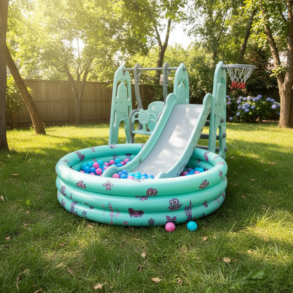 Playground Infantil 4x1 Importway Com Escorregador, Balanço, Cesta De Basquete E Piscina De Bolinhas Com 200 Bolinhas