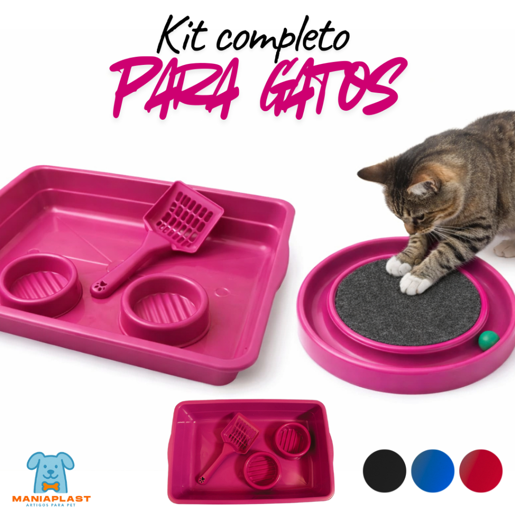 Kit Caixa de Areia para Gatos Bandeja e Peneira e Comedouros + Arranhador Redondo Interativo com Bolinha em Oferta na Shopee