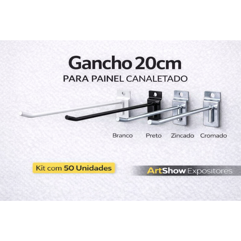 Kit 50 Gancho 20cm Painel Canaletado MDF Reforçado – Loja Expositor Cabide Aramado Branco Preto Cromado Zincado