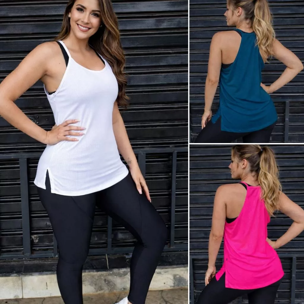Blusa Academia feminina Alça ) Regata Veste Legging Camisão Tapa Bumbum Camiseta Tule  roupas de Academia Dry Fit — imagem 1