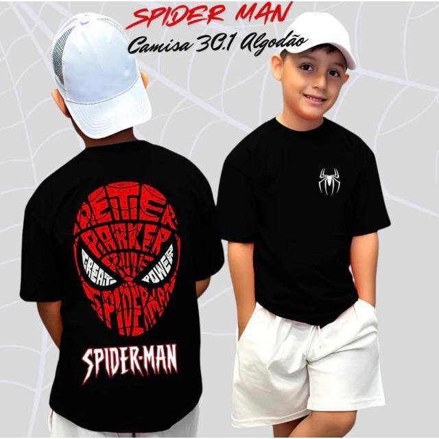 Camiseta Spider Man Homem Aranha Manga Curta Algodão Leve Fresca 2 ao 16 Meninos Estampada