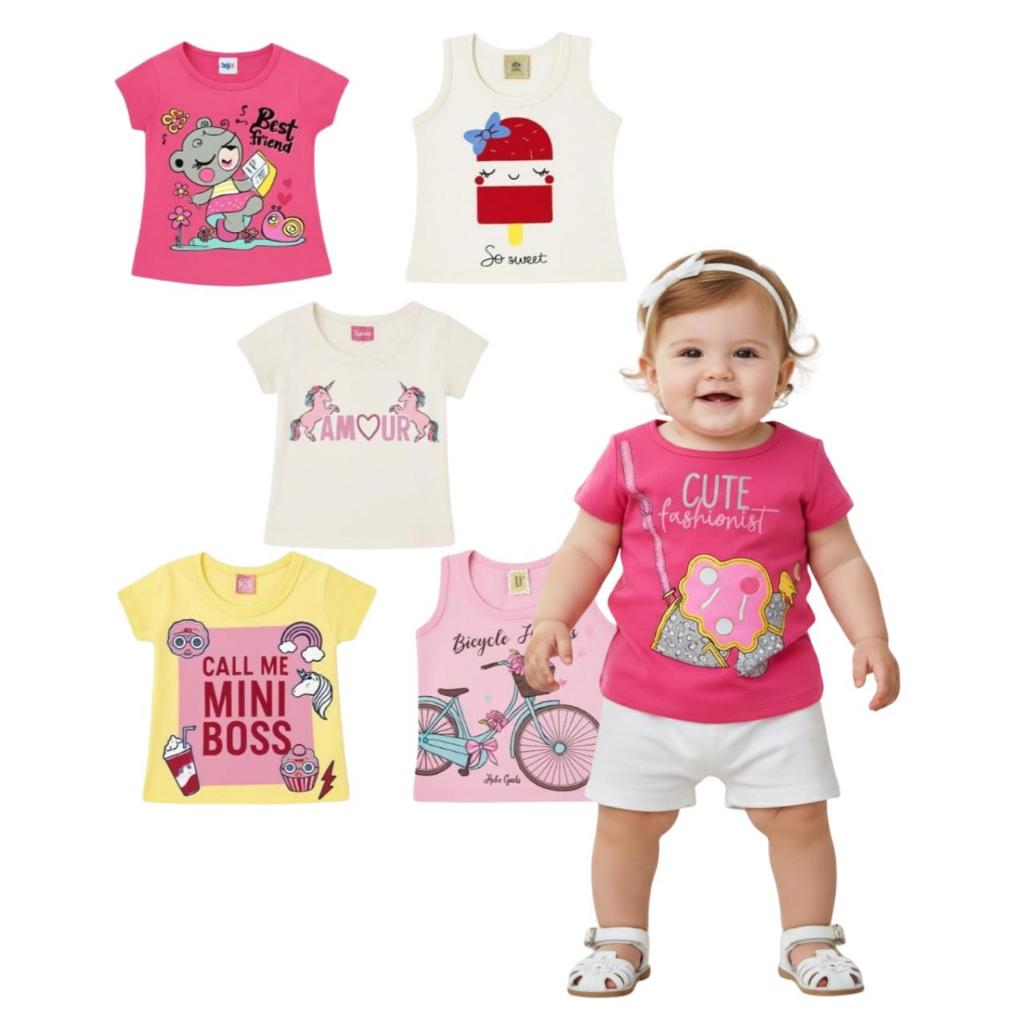 Kit 5 Camisetas Femininas Infantil Verão TAMANHO 01 e 2 Anos em Oferta na Shopee