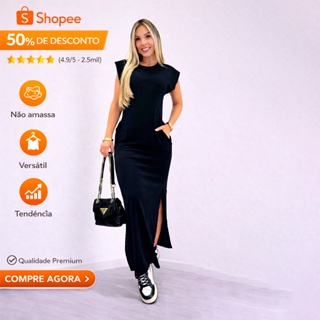 Vestido Longo Muscletee Feminino Casual Ombreira tubinho Moda plus size preto marrom em Oferta na Shopee