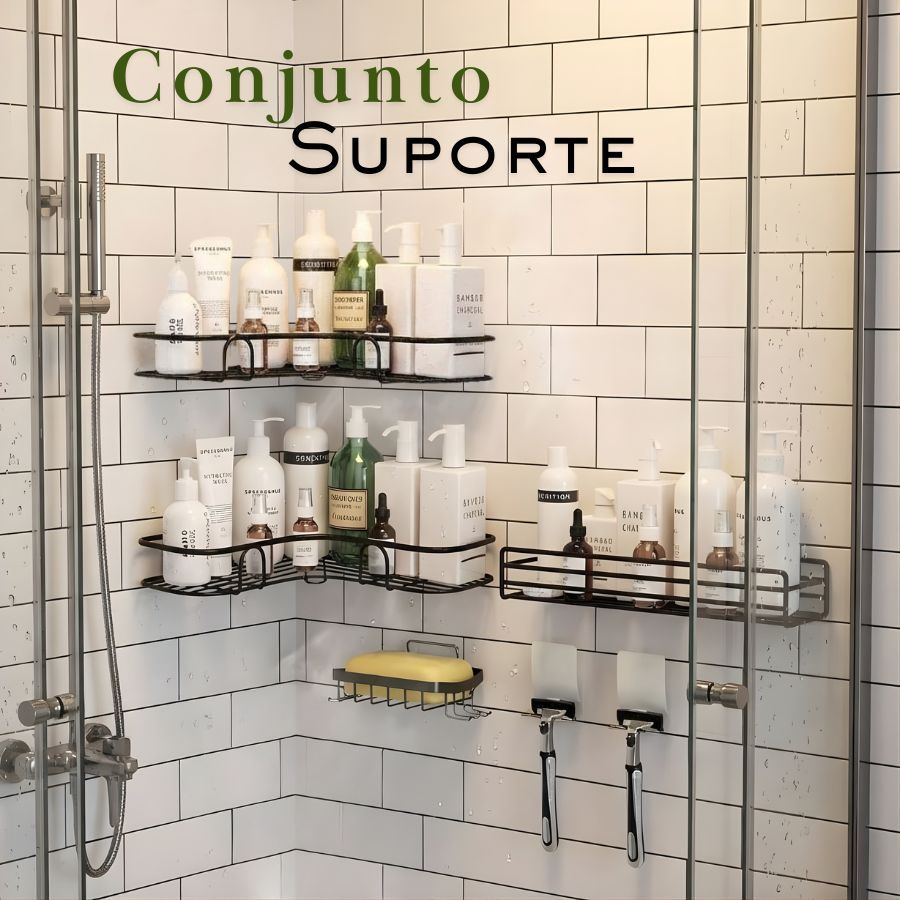 Conjunto Suporte de Shampoo Preto Prateleiras Banheiro Sem Furadeira Qualidade Superior