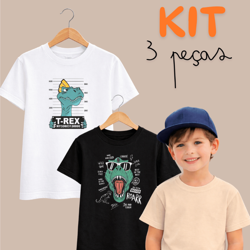 KIT 3 Camisetas Infantil Masculina Duas Estampadas e Uma Lisa Estampa de Dinossauro DTF Confortável Camisa 100% Algodão