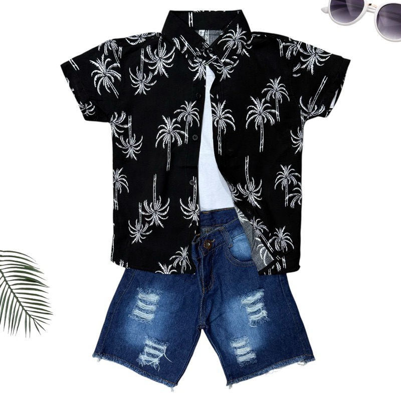 Conjunto Menino Infantil Camisa Social Estampada Coqueiro Pequeno Fundo Preto Com Short Jeans Escuro 03 Juvenil S.M