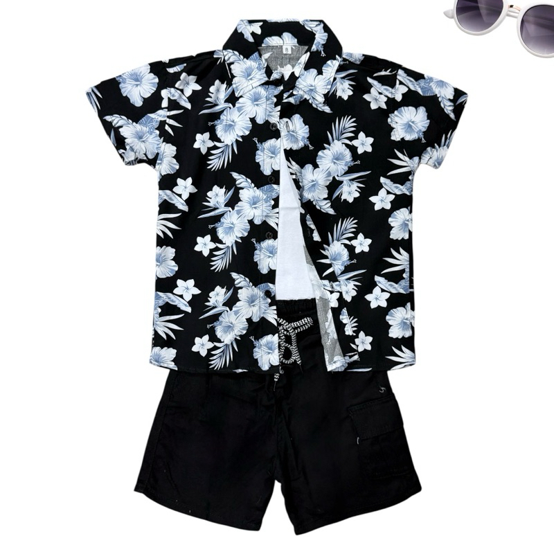 Conjunto Menino Infantil Camisa Social Estampada Flor Azul Fundo Preto Com Short Preto short Juvenil Novidade S.M