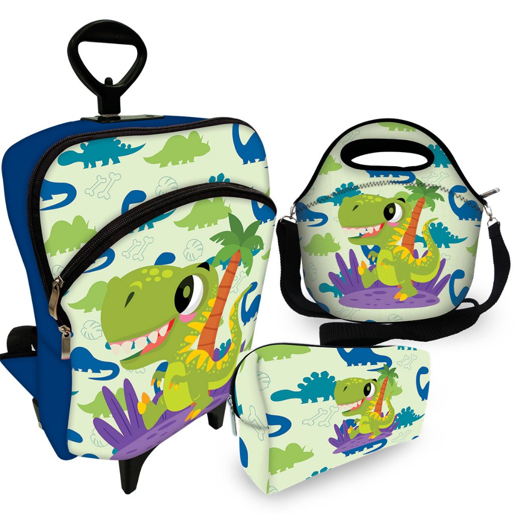 Super Kit Escolar Mochila com Carrinho Rodinha + Lancheira Escolar + Estojo Plus - Dino Tropical  MEGA OFERTA