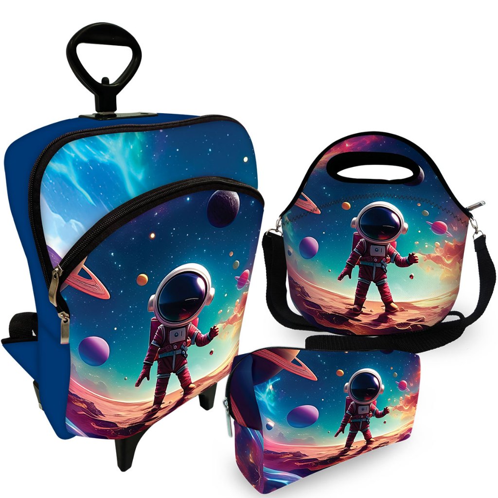Super Kit Escolar Mochila Premium com Carrinho Rodinha + Lancheira com Alça + Estojo Plus - Astro Planeta MEGA OFERTA