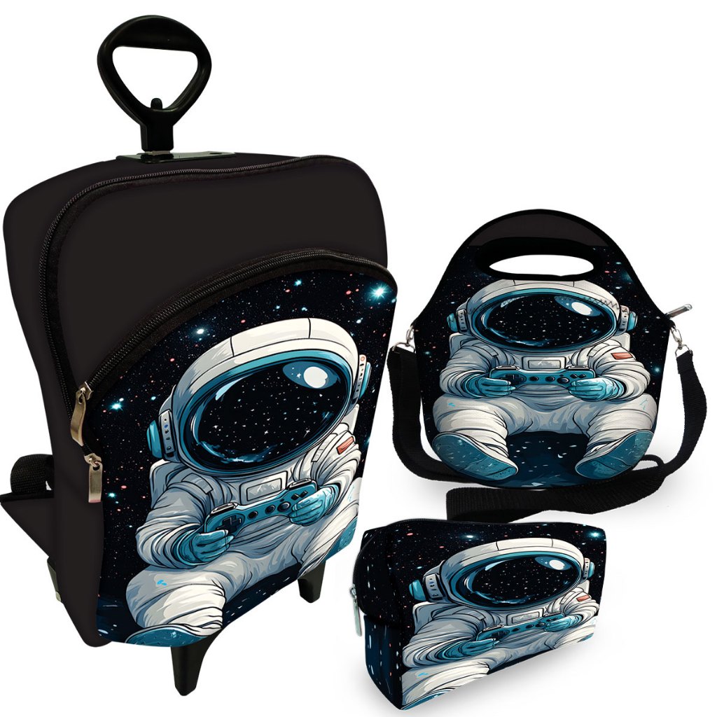 Super Kit Escolar Mochila Premium com Carrinho Rodinha + Lancheira com Alça + Estojo Plus - Astro Controle MEGA OFERTA