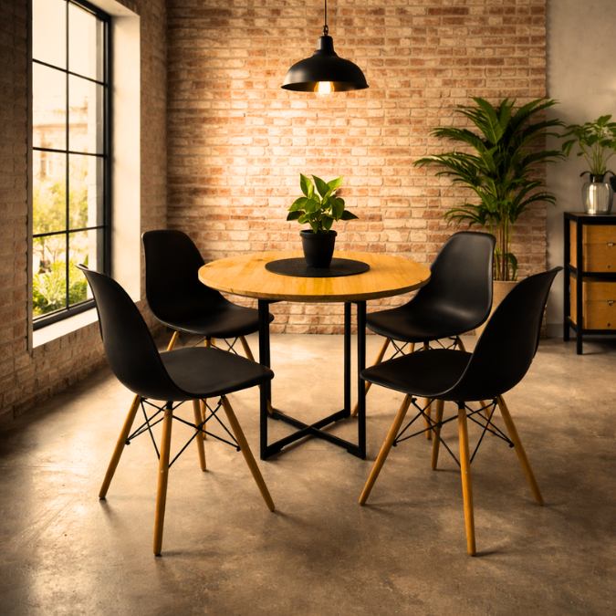 Mesa De Jantar REDONDA Para 4 lugares Cadeiras Estilo Industrial Cor Pinus Madeira Maciça