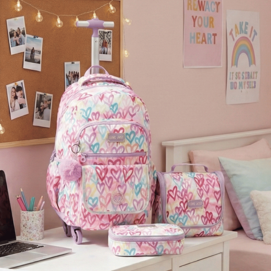 Kit Escolar Mochila Rodinhas 360 Brilhante Juvenil com bolsa térmica e estojo Pré Adolescente Jovem