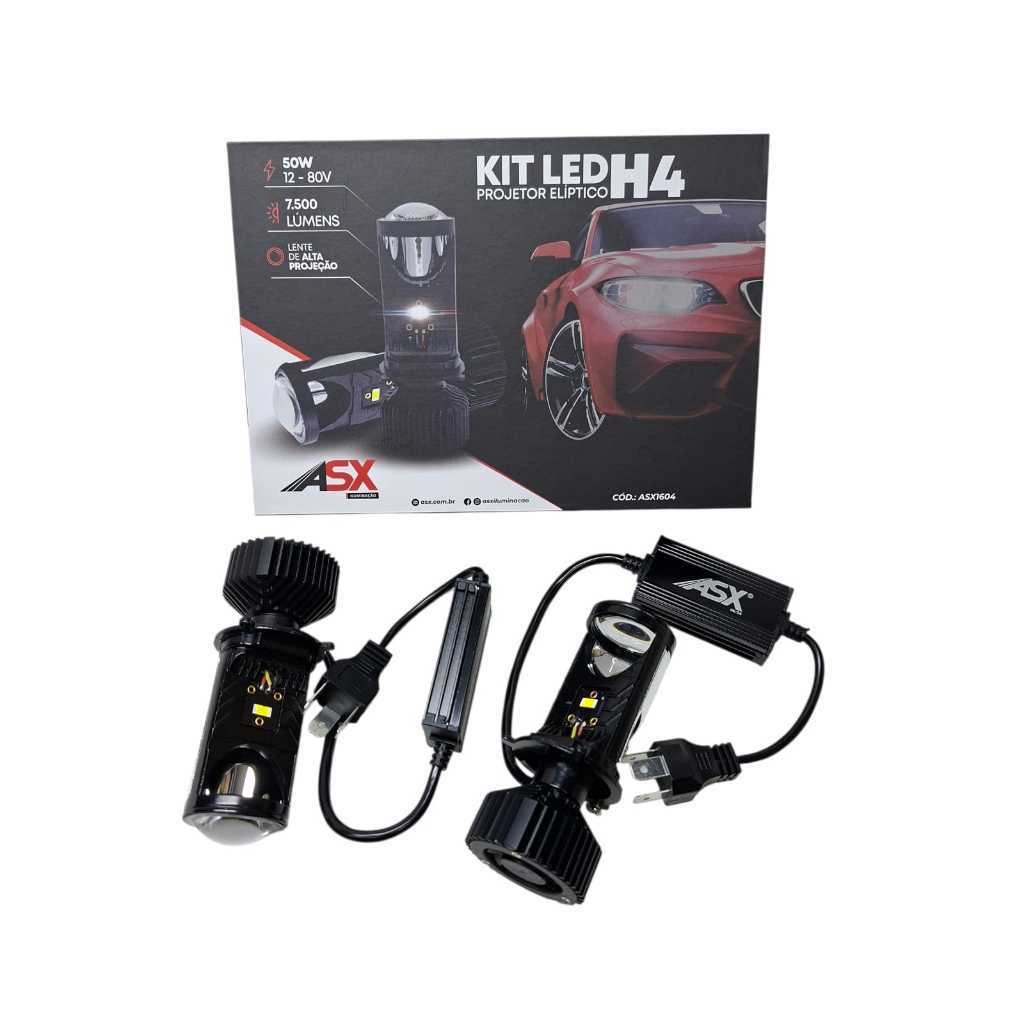 Kit Ultra Led Asx Projetor Elíptico H4 6000k 50w 7500 Lúmens