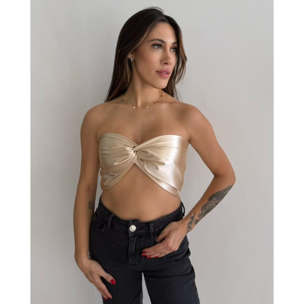Cropped Top Faixa Feminino Sem Bojo Cetim Verão Blogueiras, Forro Duplo Cetim Champanhe