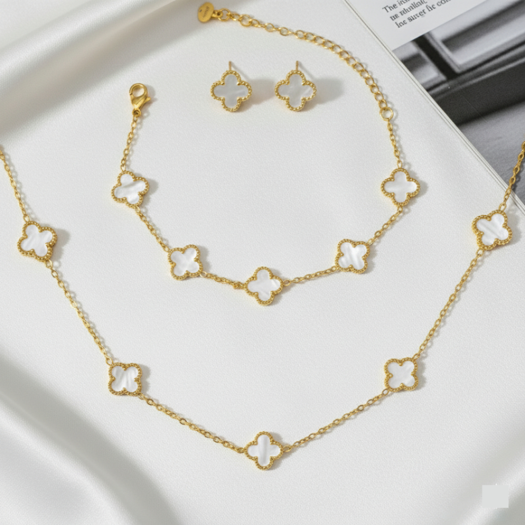 Kit Colar Choker Pulseira E Brinco Trevo Branco Gargantilha Sorte Luxo Elegante Aço Inox Dourado em Oferta na Shopee