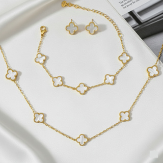 Kit Colar Choker Pulseira E Brinco Trevo Branco Gargantilha Sorte Luxo Elegante Aço Inox Dourado em Oferta na Shopee