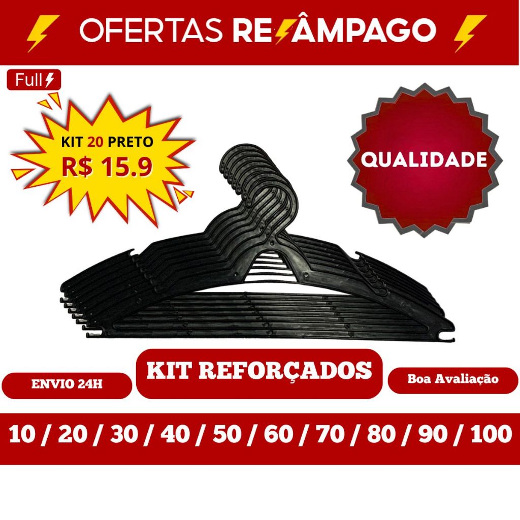 Cabide Adulto Preto Kit 100 Cabides Reforçados Organizar Roupas *ENVIO IMEDIATO* em Oferta na Shopee
