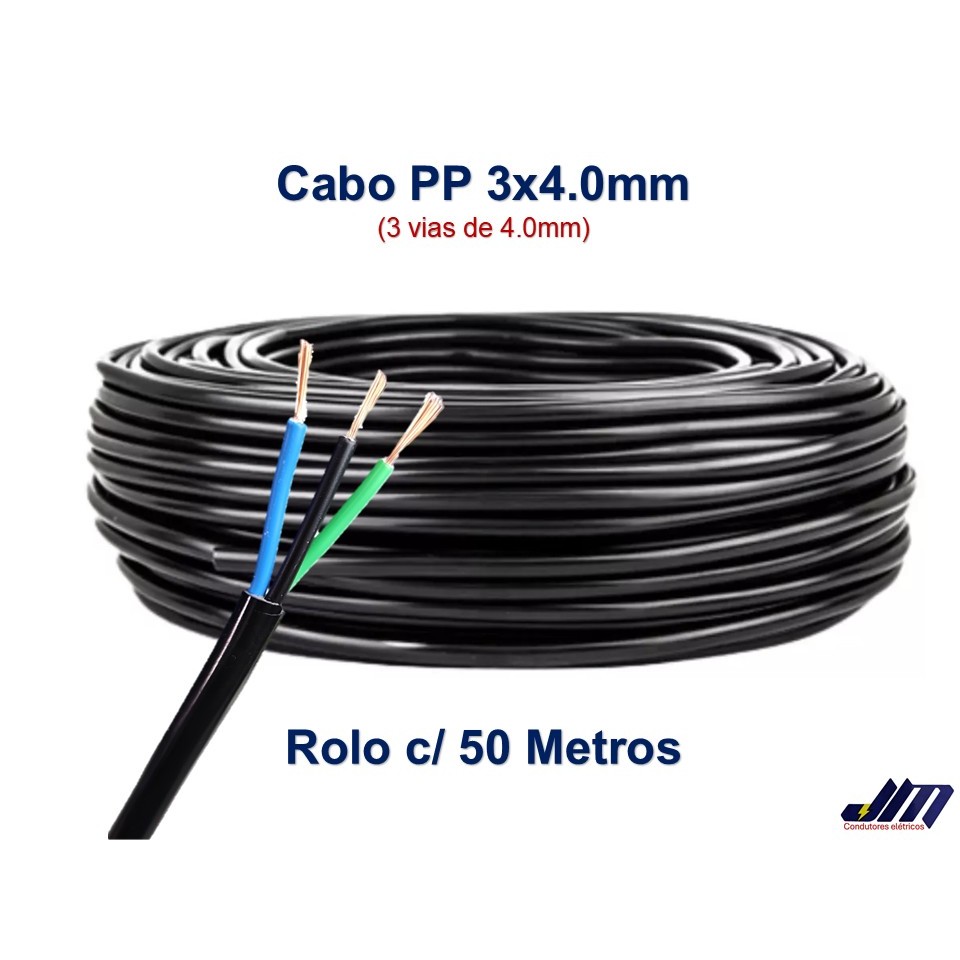 Cabo PP 3x4mm (3 Vias)  - Rolo Com 50m - Ideal Para Extensões Elétricas em Oferta na Shopee