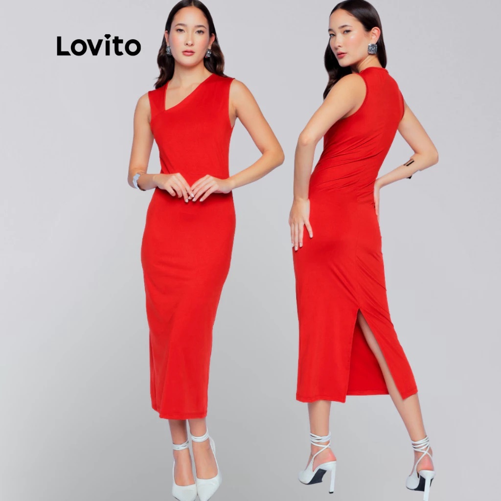 Lovito Vestido Feminino de Malha com Decote Assimétrico DRB1175BRL1205 em Oferta na Shopee