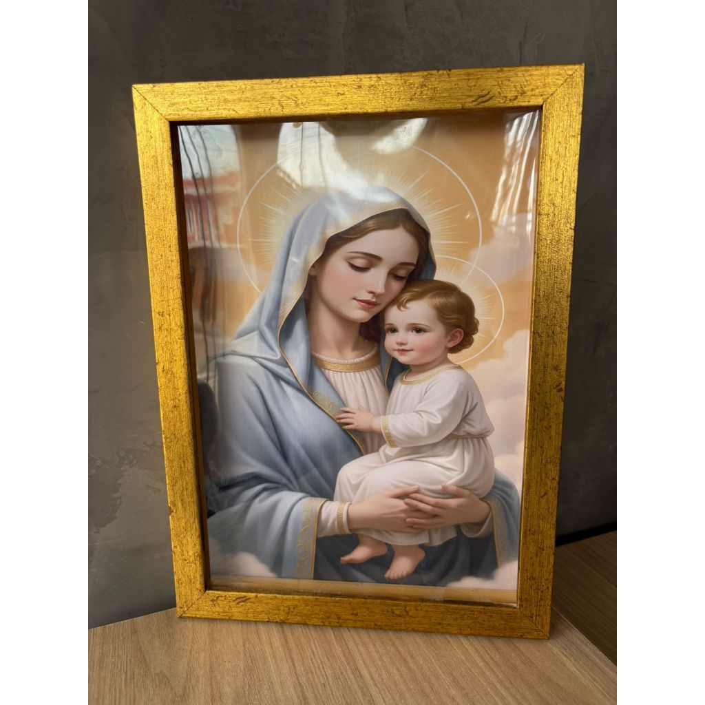 Quadro decorativo maria e jesus cristo decoraçao religioso com moldura caixa alta dourado 22x32cm