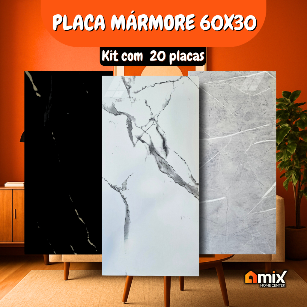 Kit 20 Placas Mármore Vinílico Adesivo 60x30 Parede Decoração Lavável