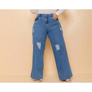 Calça Jeans Claro Feminino Pantalona Wide Leg Destroyed Plus Size Cintura Alta