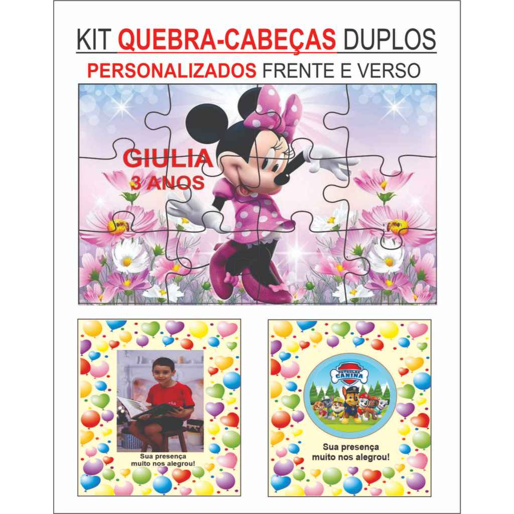kits 20 a 50 lembrancinhas personalizadas aniversário QUEBRA CABEÇAS duplos 12 peças lembrança aniversário infantil jogo