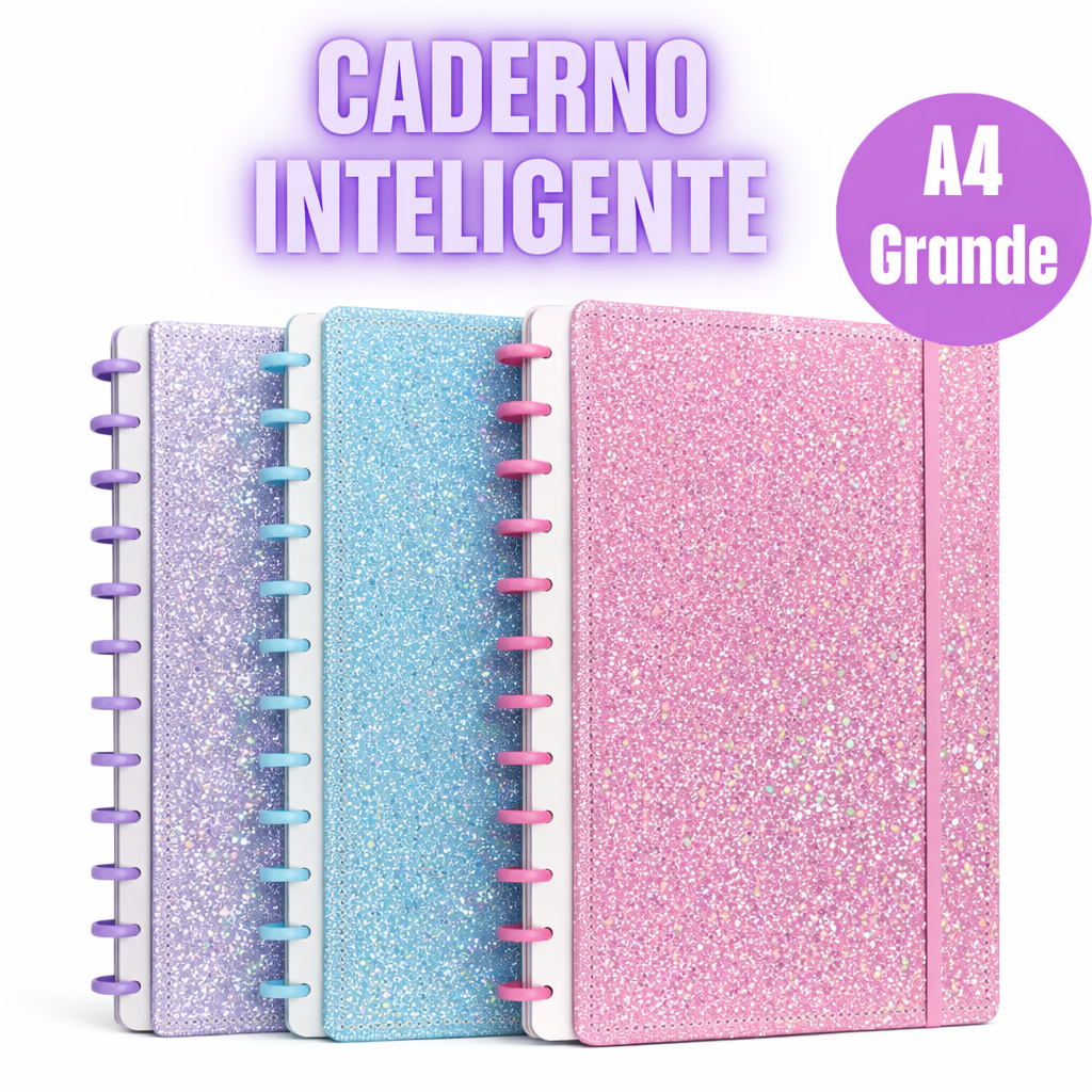 Caderno Inteligente kit 1 2 3 4 11 Discos Grande A4 Capa Dura com Gliter refil 80 Folhas Escolar Escritorio Faculdade em Oferta na Shopee