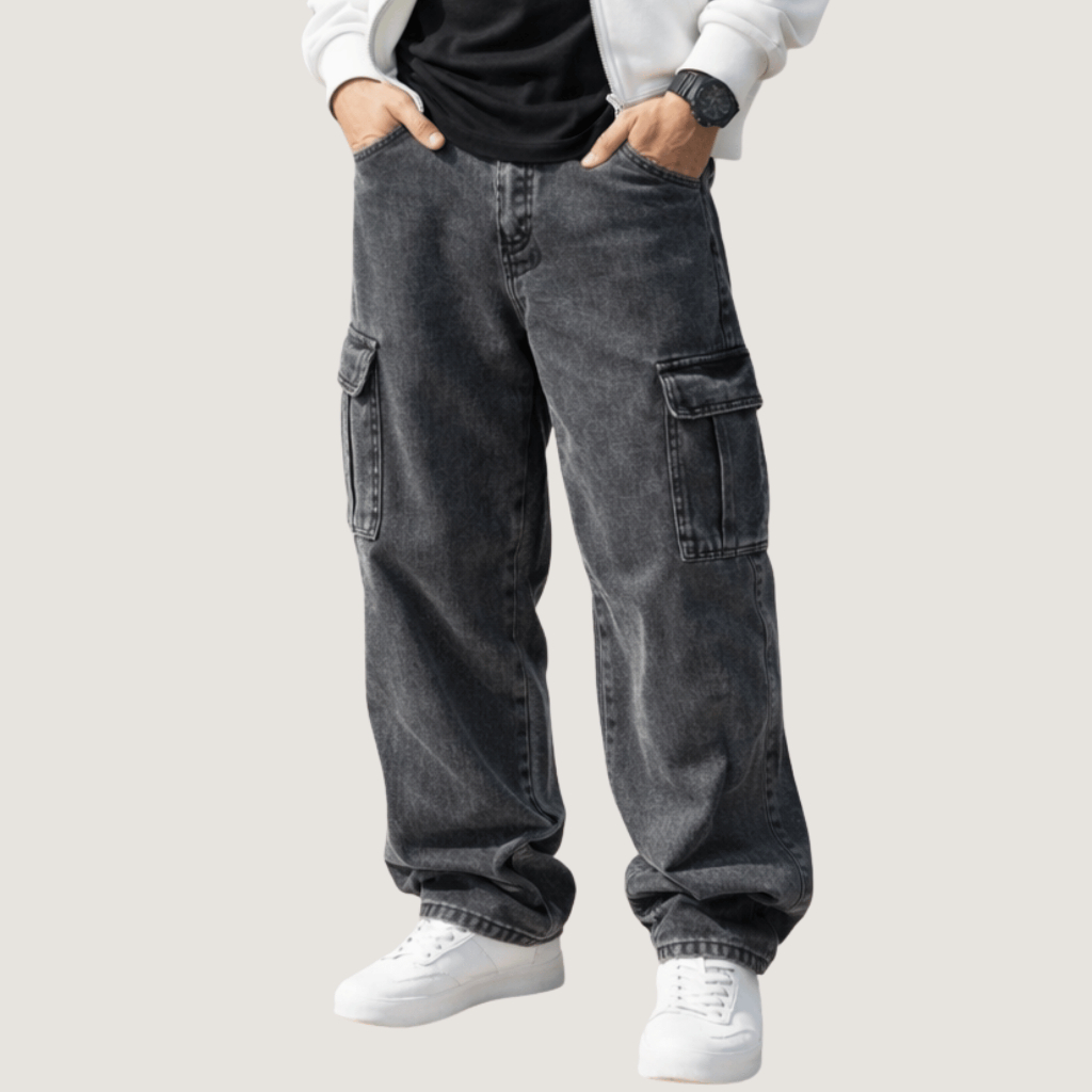 Calça Jeans Masculina Cargo Bag Street Grafite 100% Algodão Elástico na Cintura Larga Conforto Urbano Moda Streetwear