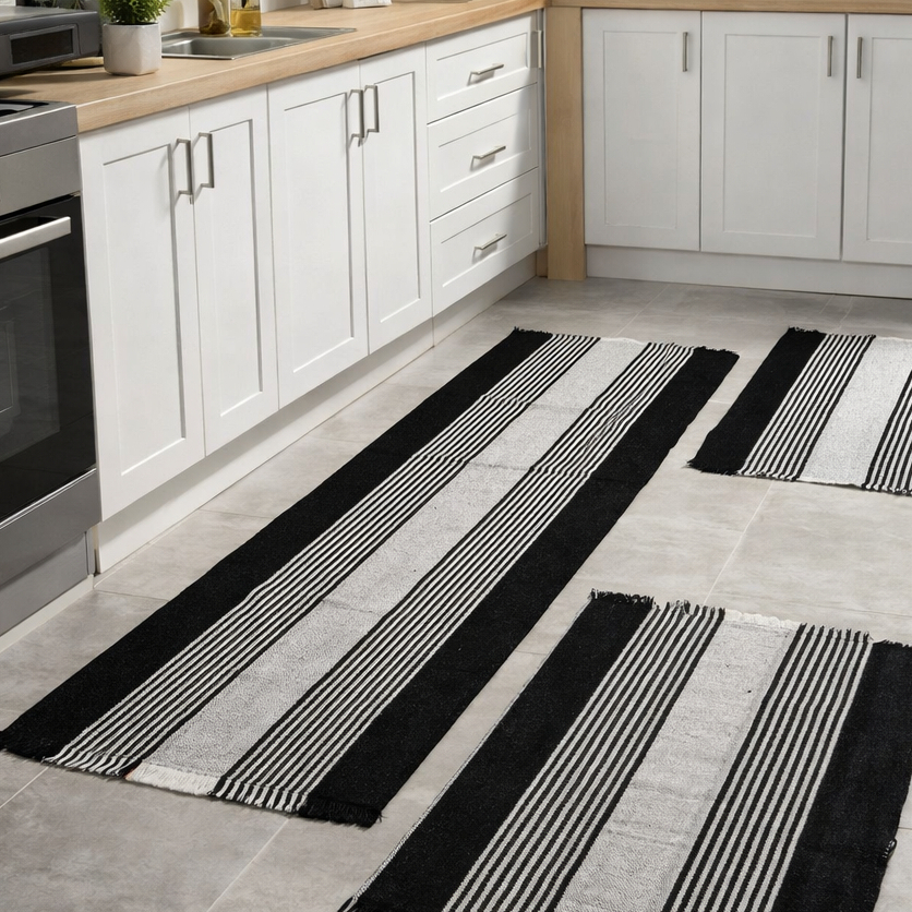 Jogo De Tapete 3 Peças Passadeira Para Cozinha Sala Banheiro Decoração Liso Listrado De Algodão