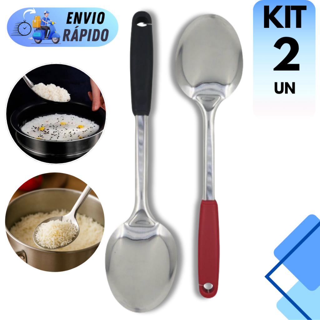 Kit 2 Colher De Arroz Aço Inox Cabo Ergonômico Servir Grãos Cozinha Restaurante Buffet