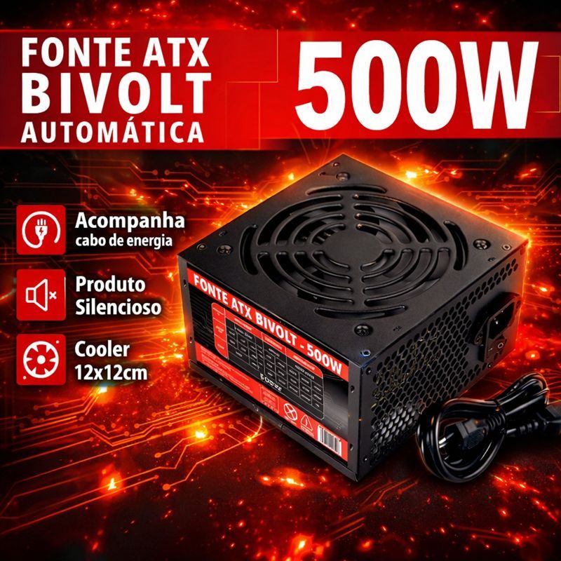Fonte ATX 500W Reforçada Silenciosa Bivolt automática c/ Cooler 120mm + Cabo P/ PC Gamer Desktop em Oferta na Shopee