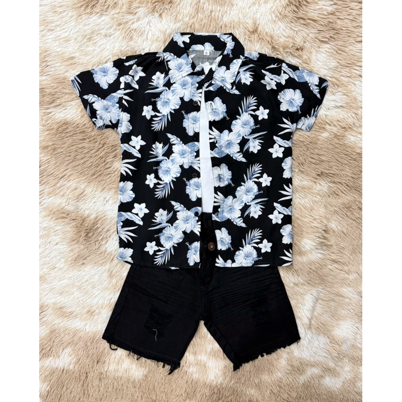 Conjunto Camisa Social Florido Azul/Fundo Preto Estampada + Short Preto Menino Infantil Juvenil S.M