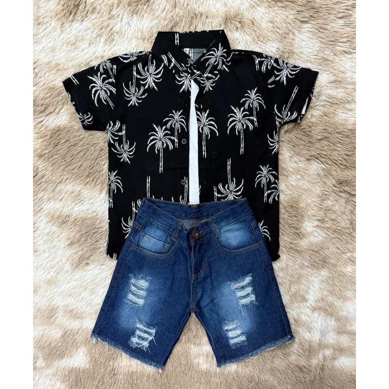 Conjunto Camisa Social Menino Infantil Estampada Coqueiro Pequeno Preto + Short Jeans Rasgada 03 Juvenil S.M
