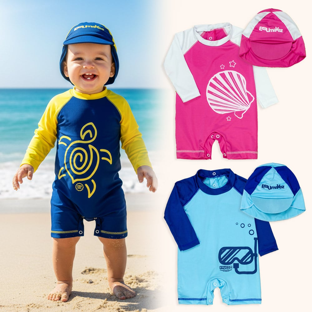 Kit Macacão Proteção Infantil Uv50+ Para Bebê Com Macacão E Chapéu De Sol Menino e Menina