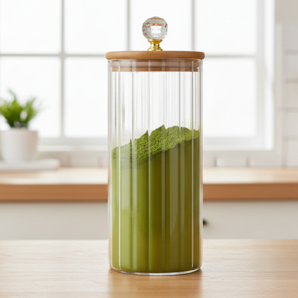 Porta Mantimentos Hermético Grande 1L Vidro Canelado transparente e tampa de Bambu Premium com cristal
