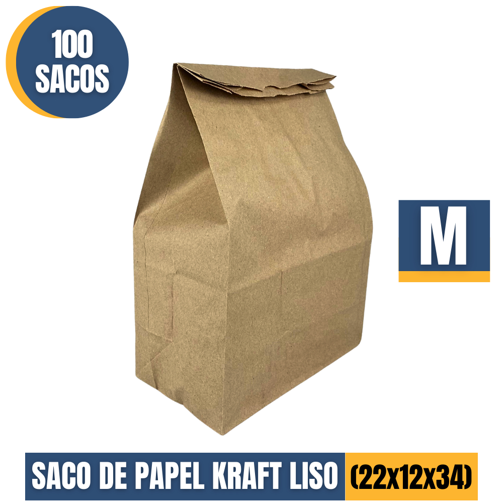 Saco Papel Kraft Liso M (22x12x34) Reforçãdo Delivery Mercado C/100unidades Ifood Entregas Resistente Sem Alça