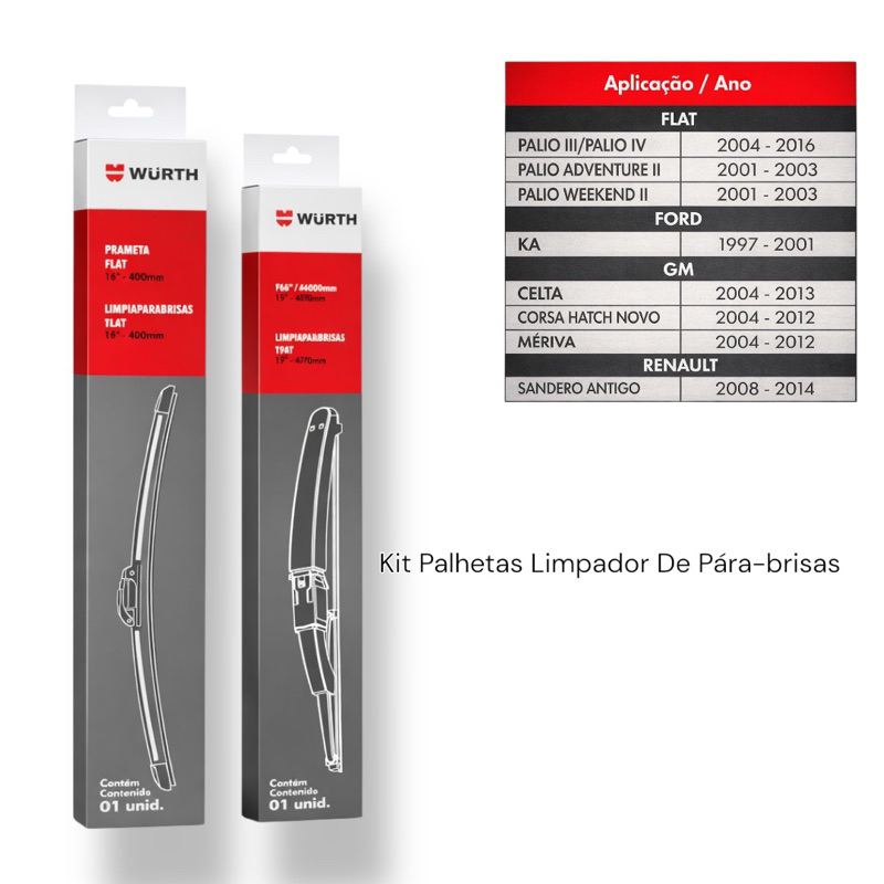 Kit Palhetas Limpador De Pára-brisas Wurth Diversos Modelos De Aplique