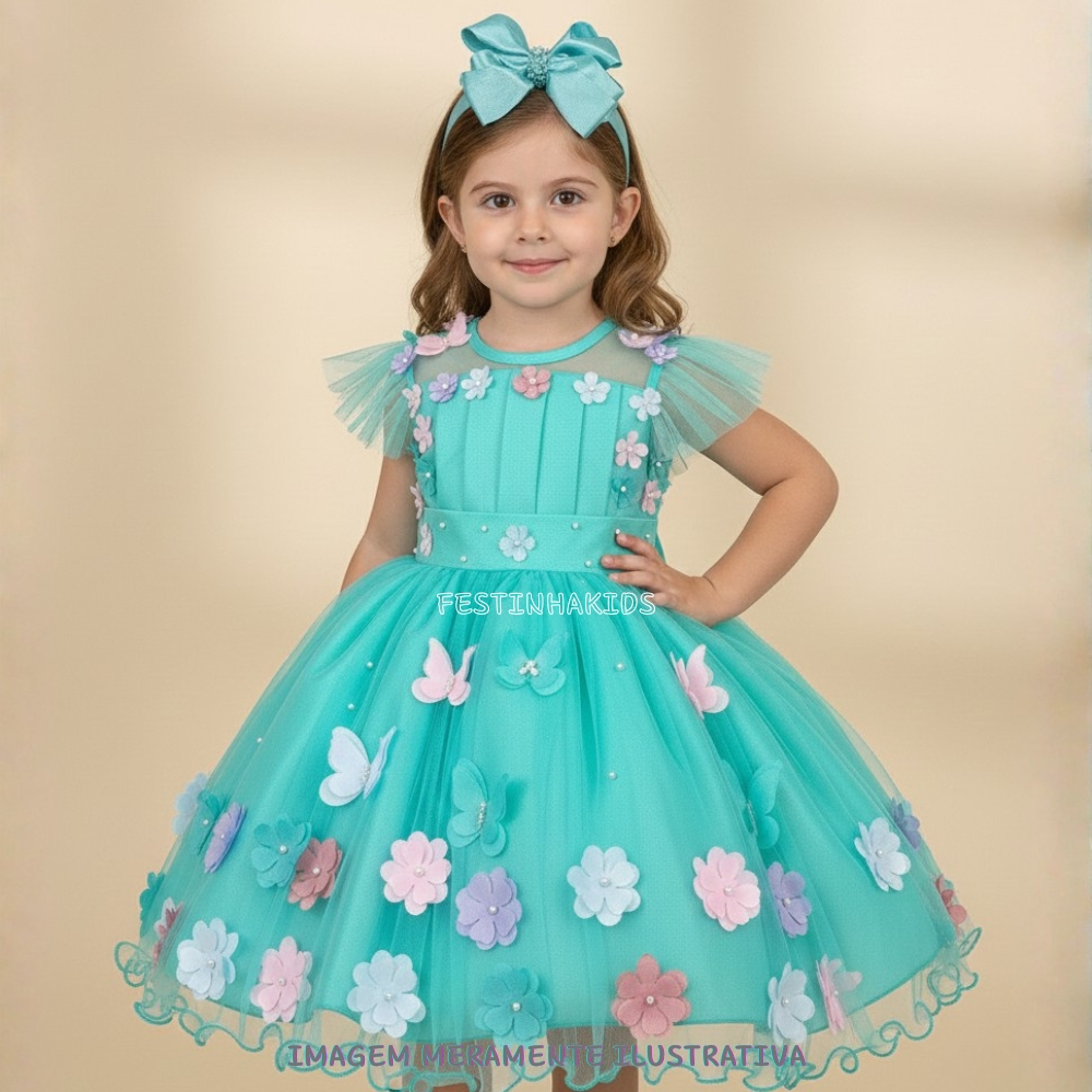 Vestido Infantil Marie Jardim Encantado Isis Luxinho Verde Tiffany