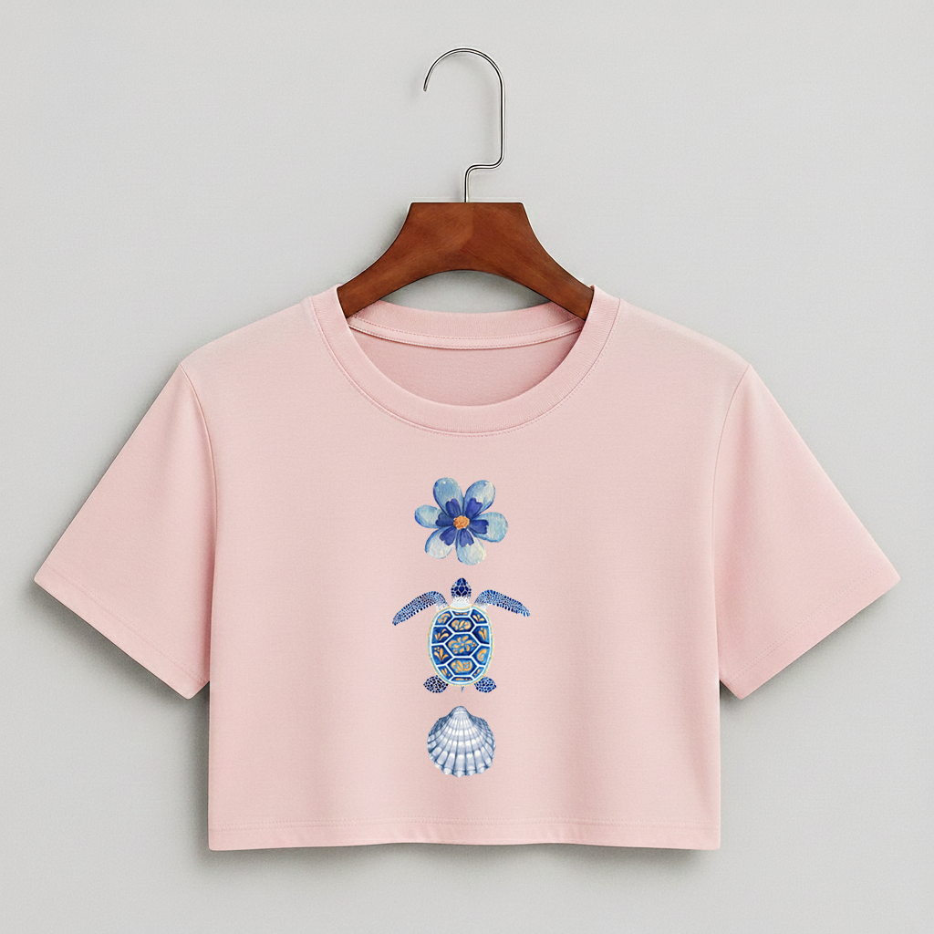 Cropped Feminina Oversized Mar Tropical Moda Praia Verão Tartaruga Concha Blusa 100% Algodão
