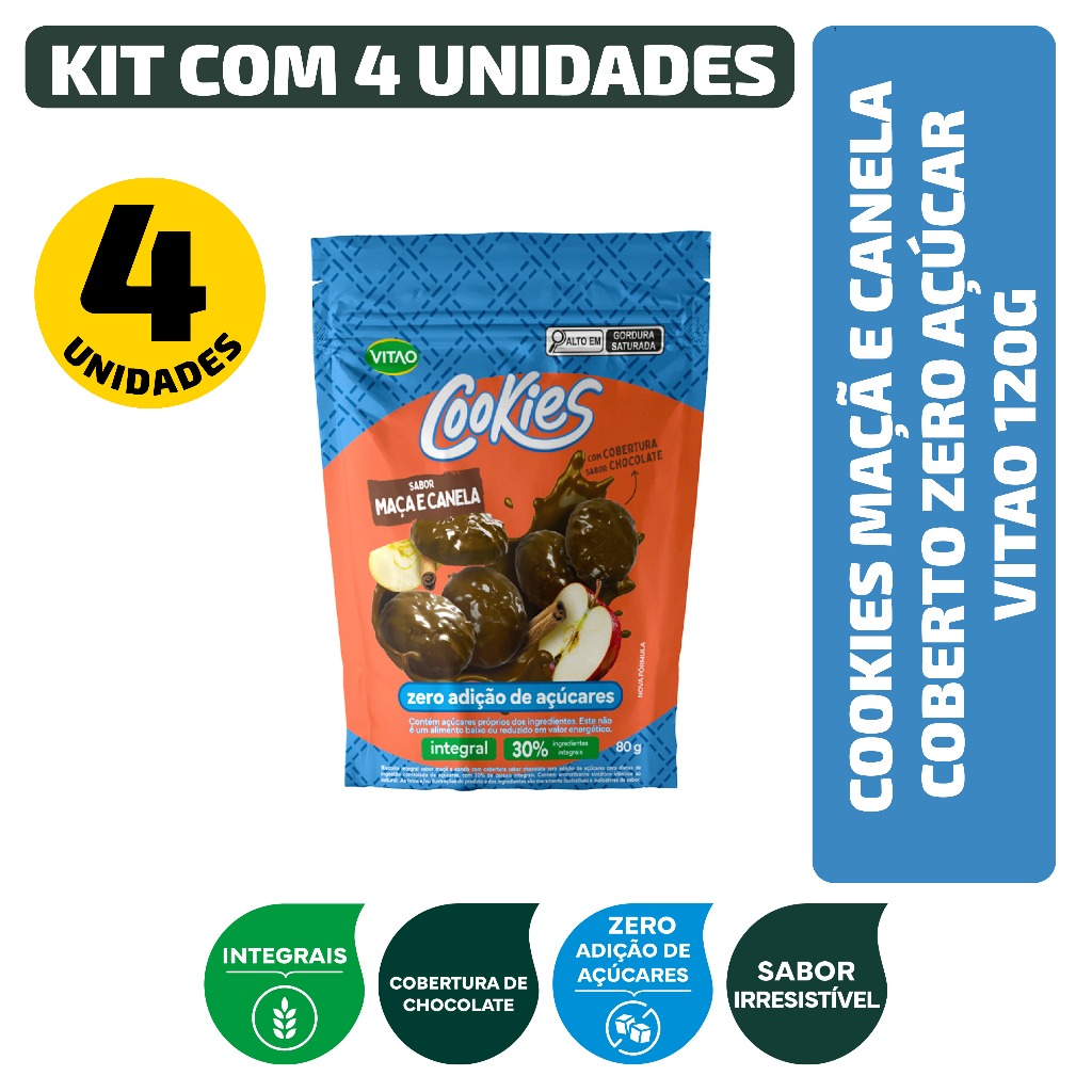 Kit Cookies Maçã e Canela Coberto Zero Açúcar Vitao 120G - 4 Unidades em Oferta na Shopee