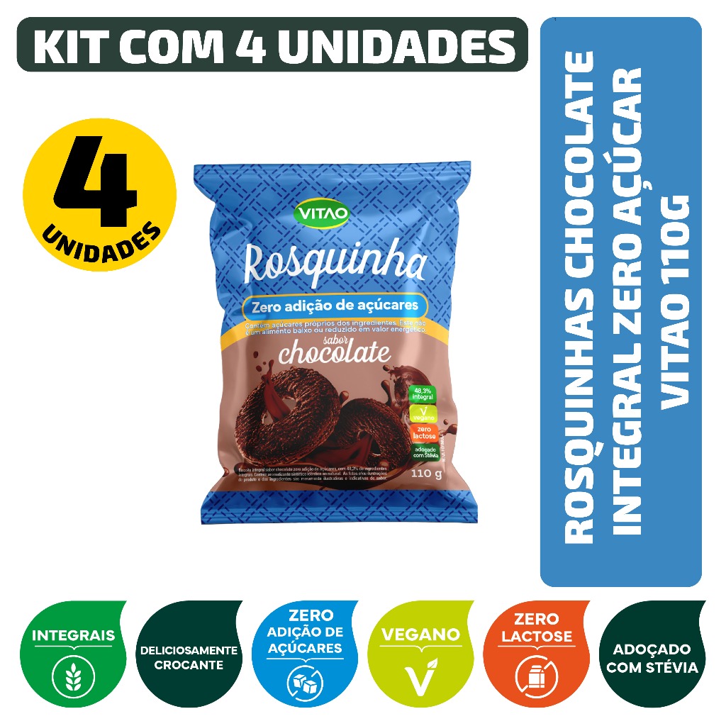 Kit Rosquinhas Chocolate Integral Zero Açúcar Vitao 110G - 4 Unidades
