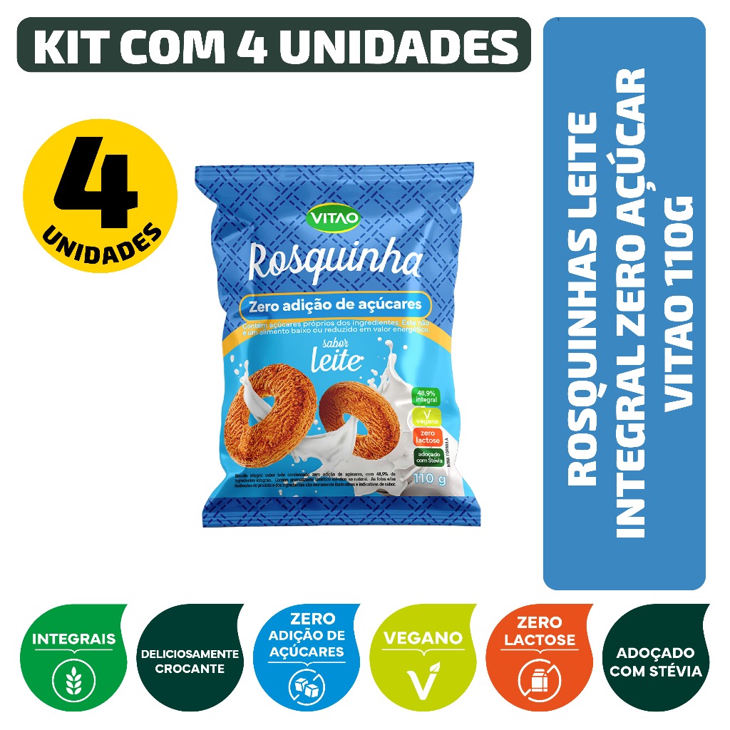 Kit Rosquinhas Leite Integral Zero Açúcar Vitao 110G - 4 Unidades em Oferta na Shopee