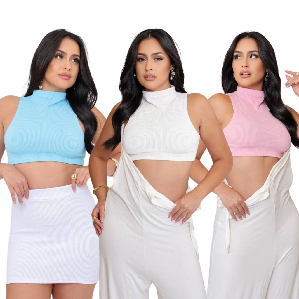 Kit 3 Blusinha Feminina Cropped Regata Com Golinha Delicada Confortável Blusinha Cropped top Gola alta - Sortidas